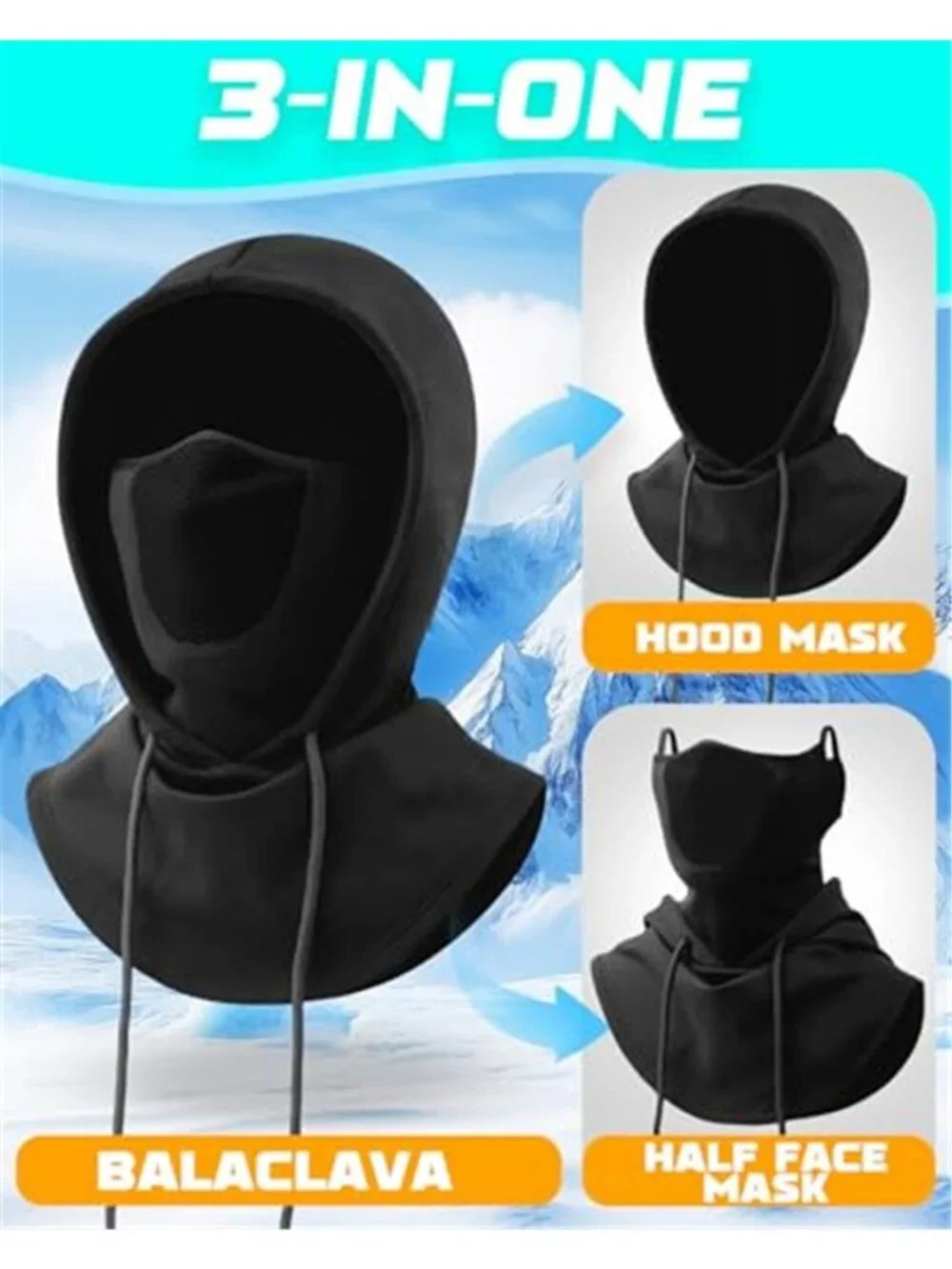 Unisex 3 in 1 Winter Thermal Balaclava Hood Face Mask with Ear Loops